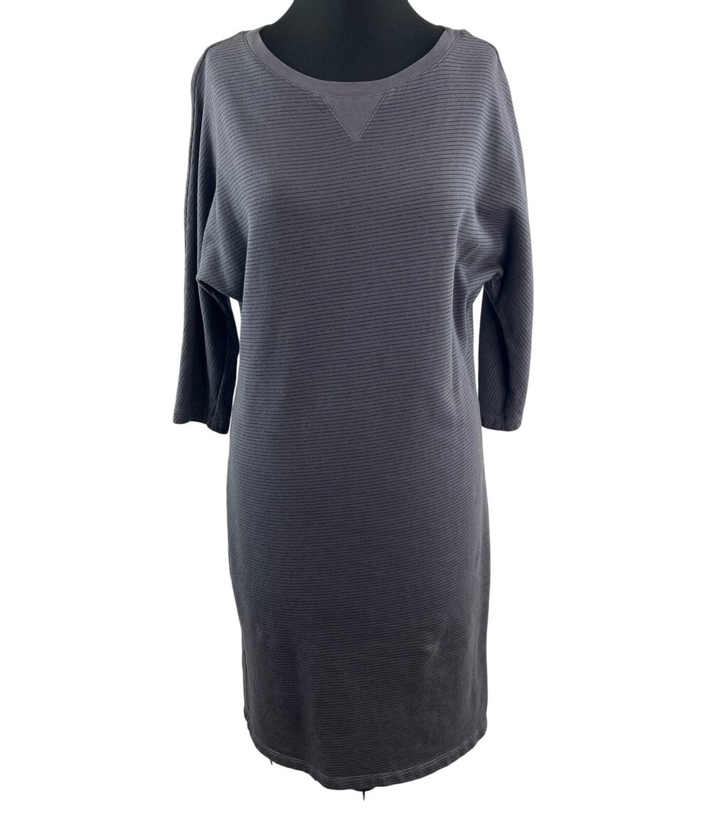 MONROW Gray Sweater Dress Striped Crew Neck 3/4 Dolman Sleeve Pullover Sz Medium